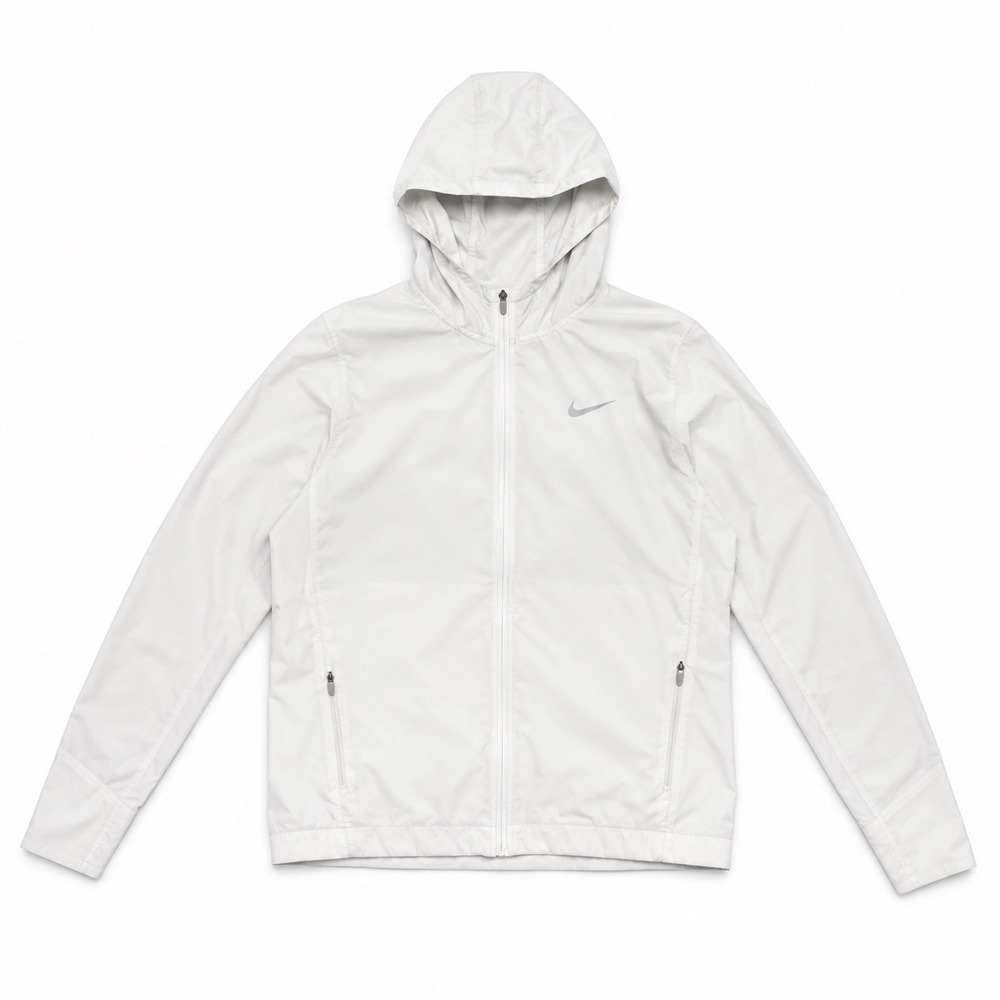Nike Shield Running Jacket Womens L Gray Hooded Windbreaker Full Zip Packable